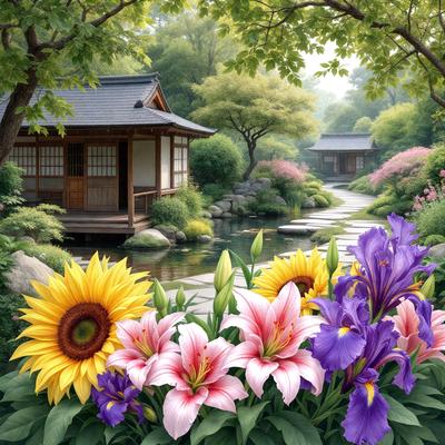 The primary subject of the image is a beautiful garden with a variety of flowers, including sunflowers and purple flowers. The garden is situated next to a house, and the setting includes a pond and a bridge. The visual style of the image is a painting, which adds a sense of artistic expression and vibrancy to the scene. The colors and mood of the image are lively and cheerful, with the sunflowers and purple flowers creating a sense of warmth and tranquility.